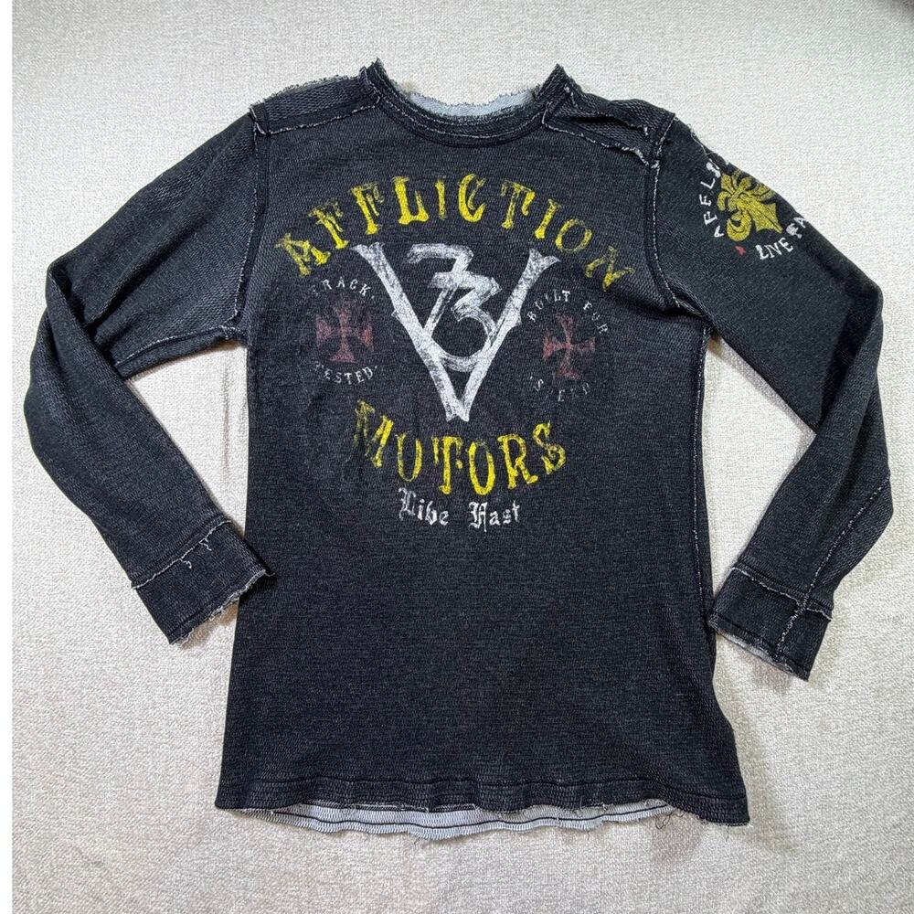 Affliction Men S Black Gray Long Sleeve Reversible Graphic Knit Pullover Top
